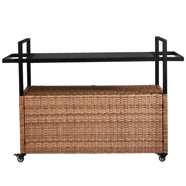 Outdoor Bar Cart Table, Large Wicker Island Rolling Cart, Wheeled Buffet Serving Cart with Glass Top & Storage Cabinet & Handles for Porch Backyard Garden Poolside, Light Brown