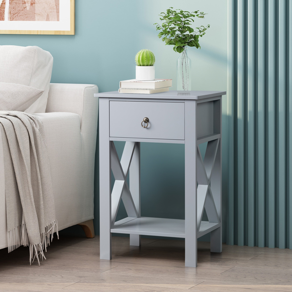 Side Intersection Style Bedside Table Coffee Table with Two-layer Drawer Gray