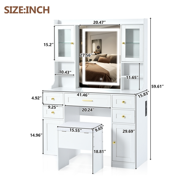 41.4" Makeup Vanity Desk with Mirror and Lights, Makeup Table with 5 Drawers and 4 Cabinets, Dressing Table with Charging Station and Cushioned Storage Stool for Bedroom, White