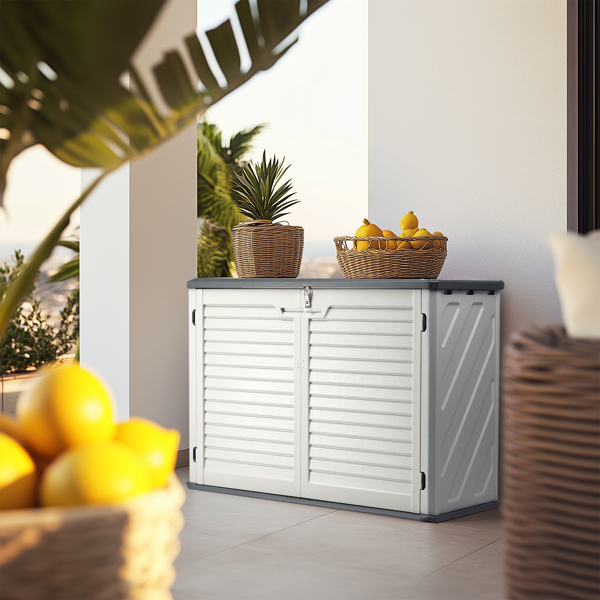  Outdoor Storage Shed, 34 Cu Ft Horizontal Outdoor Storage Cabinet, Lockable Outdoor Storage Box for Garbage Cans, Lawn Mower and Tools, Grey & White