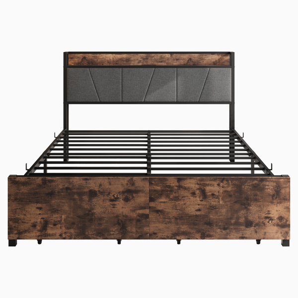 Queen Size Bed Frame, Storage Headboard with Charging Station and 2 Drawers, Solid and Stable, Noise Free, No Box Spring Needed, Easy Assembly, Vintage Brown and Gray