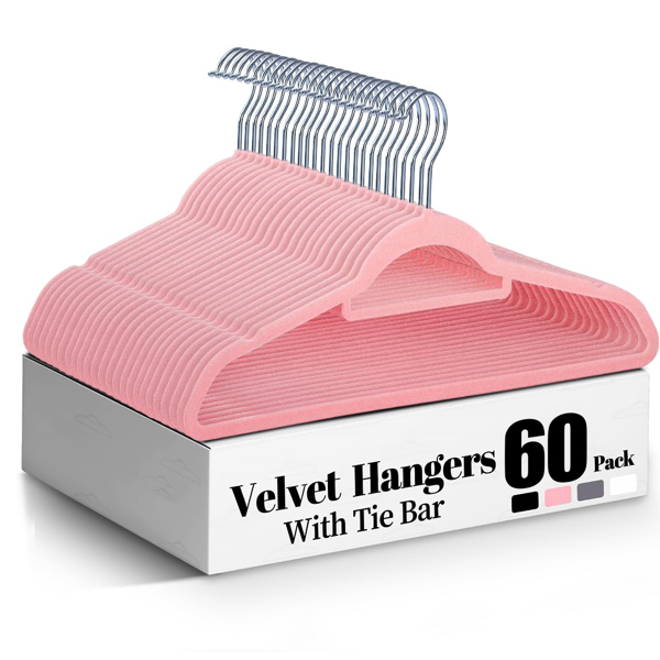 60PCS Velvet Hangers - Space-saving & Non-slip. with Tie Bar and Shoulder Notch. Highly Durable for Suits, Coats, Shirts, Pants and Dresses. Slim Design with 360° Swivel Hook