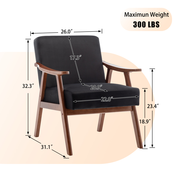 Mid-Century Modern Chair, Living Room Chair with Solid Wood Frame, Accent Chair Extra-Thick Backrest, Wingback Chair for Bedroom, Reading Room, Living Room, Lounge Chair Indoor