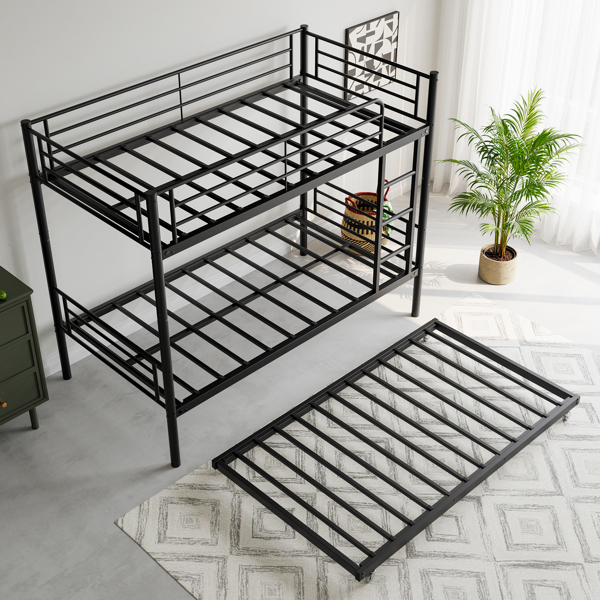 Twin Bunk Bed with Trundle Metal Bunkbeds with Ladder and Full-Length Guardrail, Noise Free, No Box Spring Needed, Black