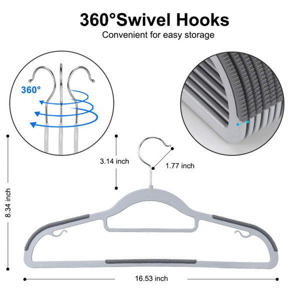 Pack of 60 Pcs Coat Hangers, Heavy-Duty Plastic Hangers, Non-Slip Space-Saving Clothes Hangers, 16.5 Inches Wide, 360° Swivel Silver Hook, Heavy Duty Dry Wet Clothes Hangers with Non