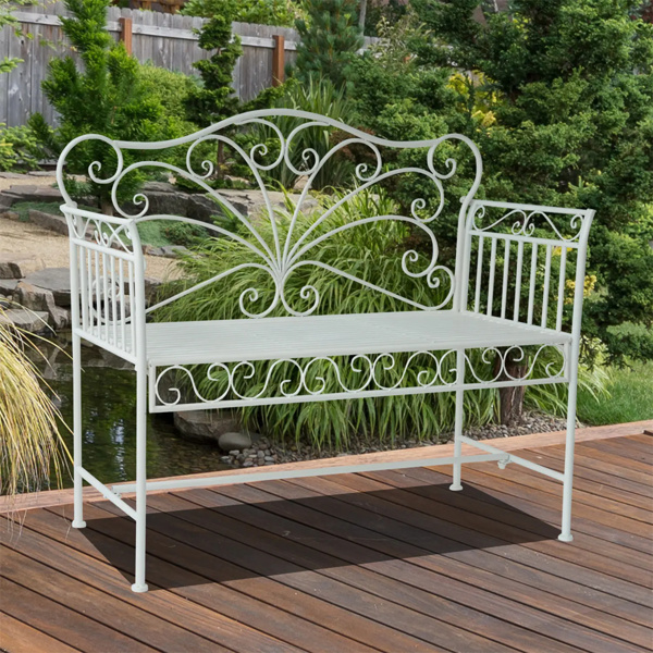 White Garden Bench,Outdoor Patio Bench with Armrests