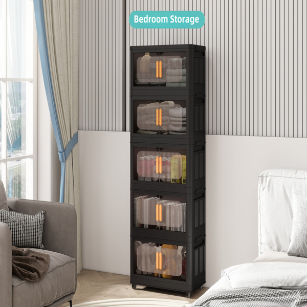 Black,19.69" Side Wide Folding Storage Cabinet ,5 Tiers,19.69"×11.81"×50.00",Collapsible Storage Bins with Magnetic Door, Plastic Storage Cabinet with Wheels