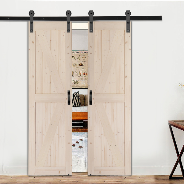 48 in. x 84 in. Unfinished Sliding Double Barn Door with 8FT Barn Door Hardware Kit & Handle ，K Frame，Solid Spruce Wood，Requires Simple DIY Assembly