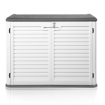  Outdoor Storage Shed, 34 Cu Ft Horizontal Outdoor Storage Cabinet, Lockable Outdoor Storage Box for Garbage Cans, Lawn Mower and Tools, Grey & White