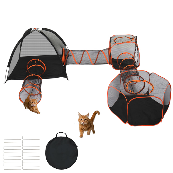 Outdoor Cat Enclosures for Indoor Cats, 6 in 1 Portable Cat Play Tent with Tunnels and Cat Houses for Indoor Outdoor, Cat Playpen Enclosed for Cats Rabbits and Small Animals, Orange