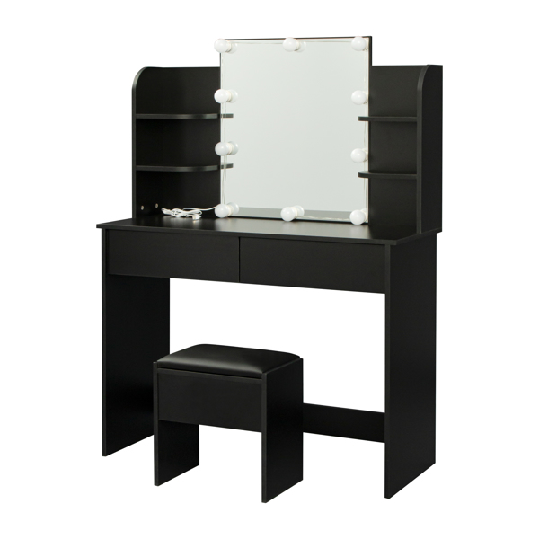 Modern Dressing table with 2 Drawers, 4 open shelves Rectangular Makeup Table with Mirror, 10-lamp bulb,,42.52*15.75* 52.76inch,for Bedroom, Black