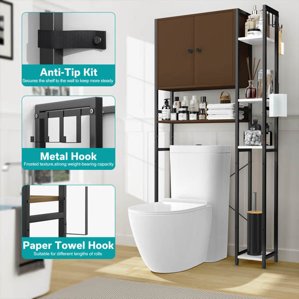 Over The Toilet Storage Cabinet with 4-Tier Side Adjustable Storage Shelves, Non-slip Freestanding Over Toilet Storage W/Hooks, Space Saver Over Toilet Bathroom Organizer for Restroom, Laundry, Brown