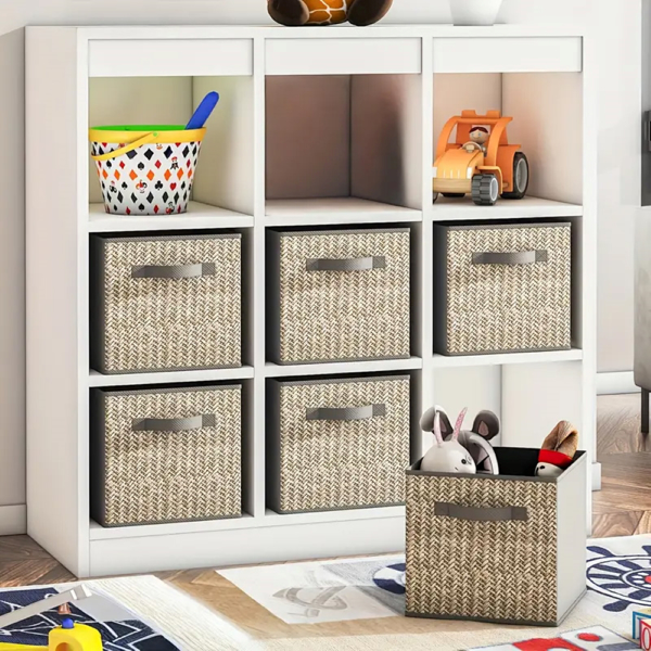 Fabric storage cube storage box, 6-piece set, strong polyester fabric, particleboard side, buckle front handle, stackable and foldable, classic design