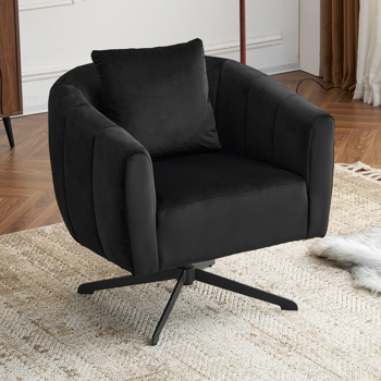 360° Swivel Accent Chair, Modern Velvet Fabric Living Room Armchair, Comfy Wide Upholstered with Fluffy Cushion and Metal Legs, Barrel Chairs for Living Room, Lounge, Office Black