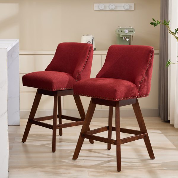 Counter Height Swivel Barstools, 26'' H Seat Height Upholstered Bar Stools Set of 2, Fabric in Wine Red