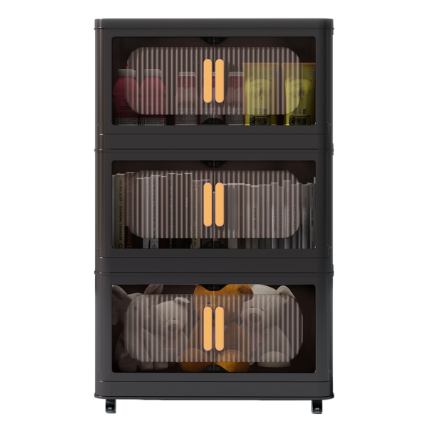 Black,19.69" Side Wide Folding Storage Cabinet ,3 Tiers,19.69"×11.81"×31.10",Collapsible Storage Bins with Magnetic Door, Plastic Storage Cabinet with Wheels