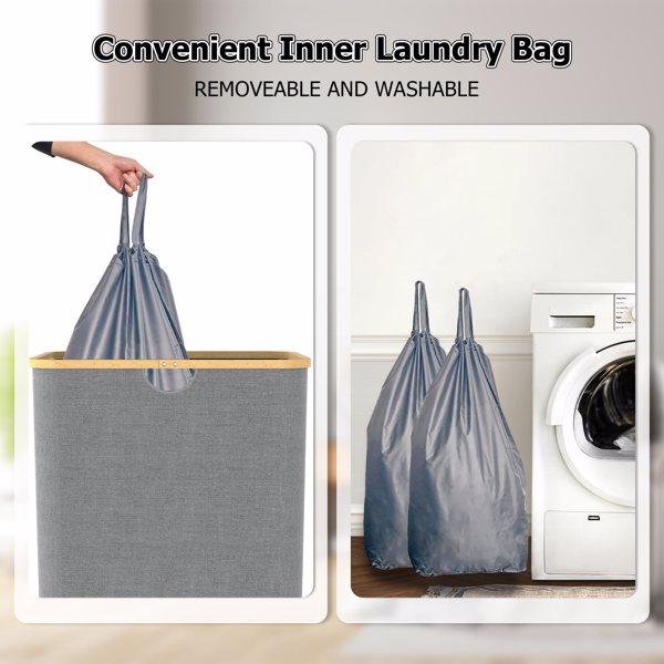 150L Laundry Basket with Lid, Large Double Laundry Hamper with Bamboo Handles, Removable Laundry Bags, 2 Section Dirty Clothes Hamper, Collapsible Towel Basket for Bedroom, Bathroom, Dorm, Grey(FBA)