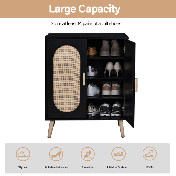 FCH 2-door vertical shoe cabinet particle board + plastic rattan black frame + original wood rattan surface + gold high feet