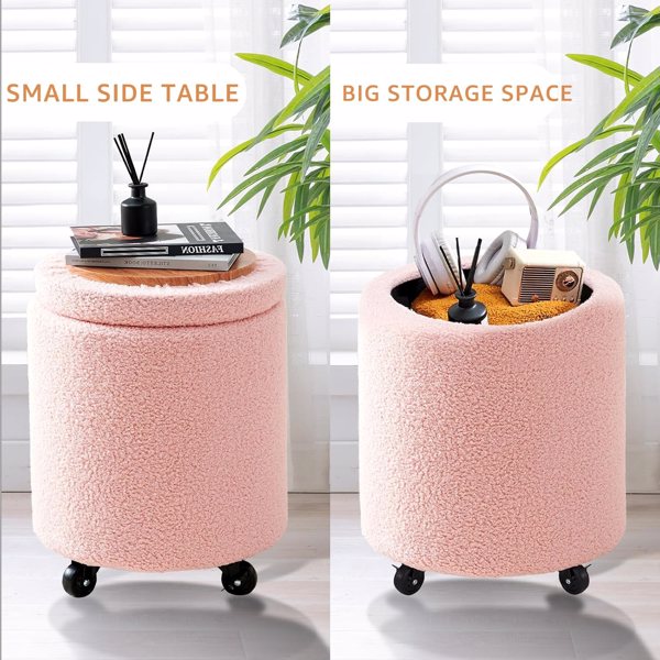 Storage Ottoman Foot Rest Round Footstool Teddy Velvet Footrest Multifunctional Rolling Stool Coffee Table Ottoman with Wheels Vanity Stool for Makeup Room Living Room Bedroom Pink