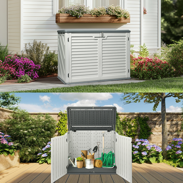  Outdoor Storage Shed, 34 Cu Ft Horizontal Outdoor Storage Cabinet, Lockable Outdoor Storage Box for Garbage Cans, Lawn Mower and Tools, Grey & White