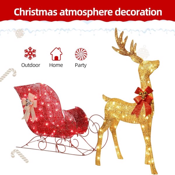 5ft 3D Pre-Lit Christmas Reindeer & Sleigh Set, Gold Glitter Holiday Yard Decoration with 150 LED Lights, 2PCS