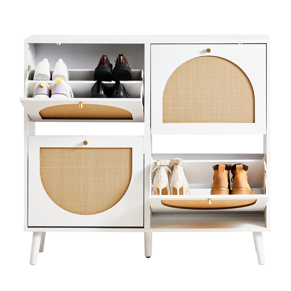 FCH 2 rows of 4 dump buckets with high feet round rattan shoe cabinet particle board + plastic rattan 105*24*98cm white frame + original wood rattan surface + gold high feet