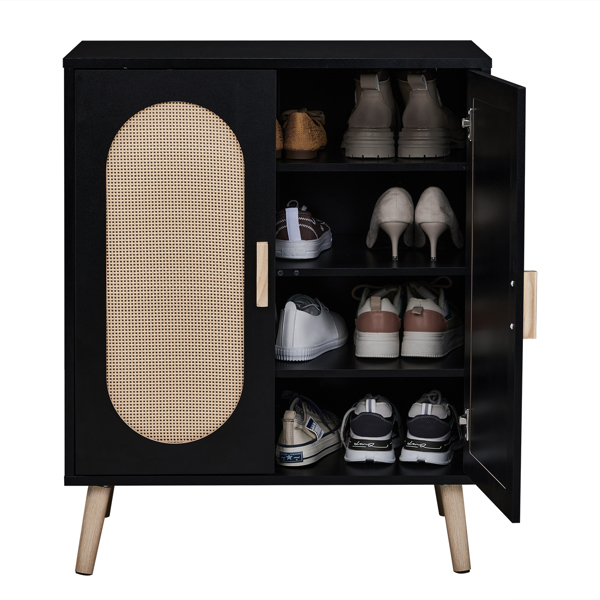 FCH 2-door vertical shoe cabinet particle board + plastic rattan black frame + original wood rattan surface + gold high feet