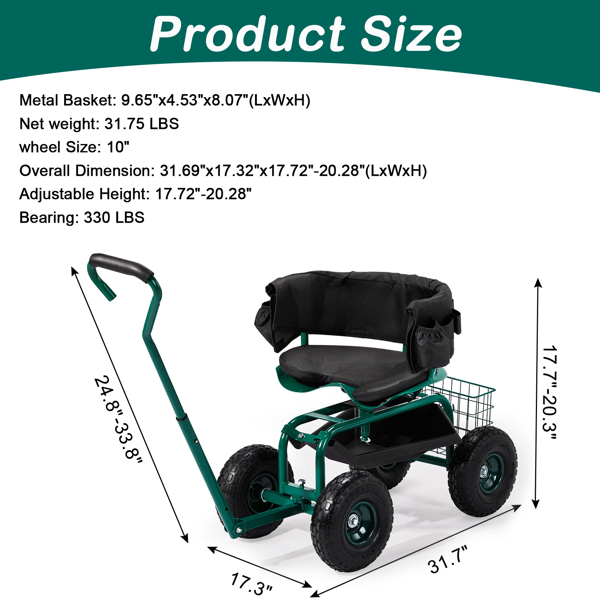 Rolling Garden Cart with Cushioned Backrest & Seat, Outdoor Gardening Stool for Planting, Garden Scooter with 360 Degree Swivel Seat & Steering Handle & Tool Tray, Green