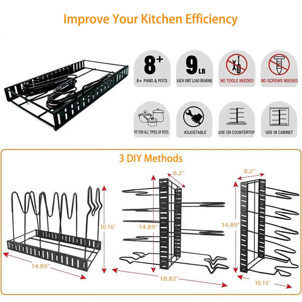 A pot storage rack with 8 layers for pots, bowls, and pans, suitable for kitchen cabinets, cookware storage, and lid storage, upgraded version