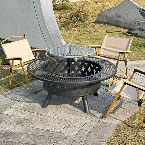 39-inch fire pit, outdoor wood-burning barbecue pit bowl, steel round table for picnic on backyard campfire patio