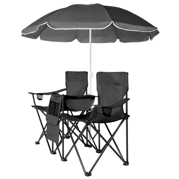 Portable Outdoor 2-Seat Folding Chair with Removable Sun Umbrella Black