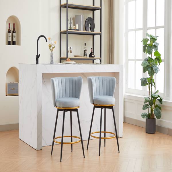 Counter Height Bar Stools Set of 2, 360° Swivel Upholstered Barstools with Backs and Metal Legs, 26" H Seat Height, Velvet Fabric,Goldy Footrest