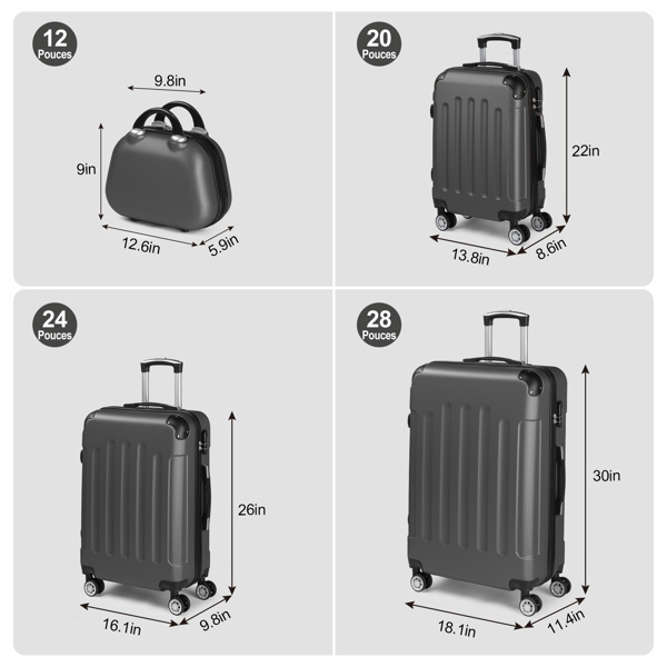 FCH Corner-Protected Four-Piece Set ABS Luggage 20in, 24in, 28in + 12in Handbag with ABS Material and Steel Telescopic Handle in Classic Dark Grey