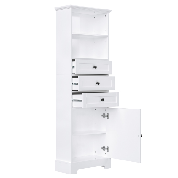 White Tall Storage Cabinet with 3 Drawers and Adjustable Shelves for Bathroom, Study, Office and Interior, MDF Board with Painted Finish