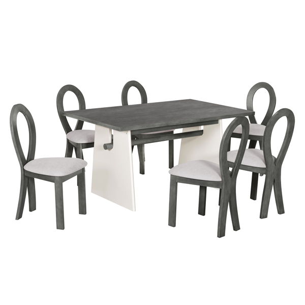 Modern 7-Piece Dining Table Set with Trestle Dining Table and 6 Upholstered Dining Chairs, Compact Kitchen Table Set for 6, Grey