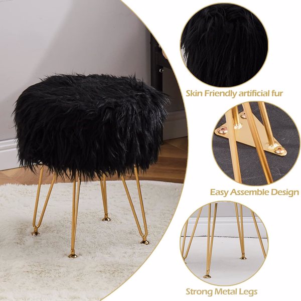 Faux Fur Storage Ottoman Round Furry Vanity Stool Marble Grain Tray Coffee Table Compact Footrest Stool with 4 Metal Legs Soft Makeup Seat Foot Stools for Living Room Bedroom Entryway Black