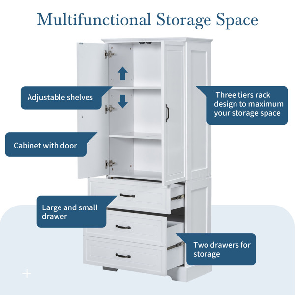 Tall Bathroom Storage Cabinet, Cabinet with Two Doors and Drawers, Adjustable Shelf, MDF Board, White