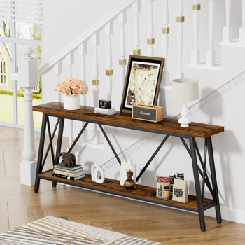 70.9 Inch Extra Long Sofa Table, Console Behind Sofa, Entryway Table with 2 Tier Storage Shelves for Hallways,Living Rooms,Foyers,Entryways,Banquet Rooms,Rustic Brown and Black, 70.9″L x 11.8\\"W x 32\\"H