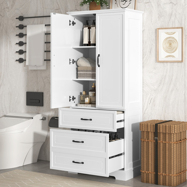 Tall Bathroom Storage Cabinet, Cabinet with Two Doors and Drawers, Adjustable Shelf, MDF Board, White