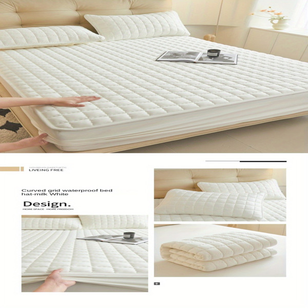 (Cream white 150cm*200cm) Cotton-Padded Waterproof Mattress Protector, Dust-Proof Bed Cover (Without Pillow and Core). Soft, Comfortable Solid Color Bedding Sheet for Bedroom, Guest Room. (Maybe YunEx