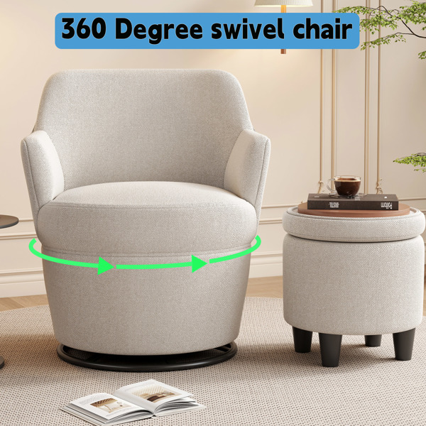 360°Swivel Accent Chair with Ottoman, Lounge Sofa with Nail Trim, Living Room Chairs, Bedroom Chair, Vanity Chair, Nursery Glider, Swivel Barrel Chair-Beige/White Accent Chair