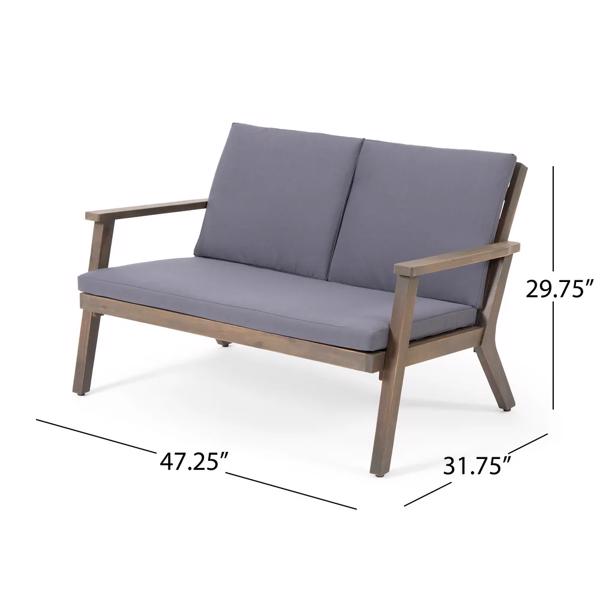 Temecula Outdoor Acacia Wood 4-Seater Chat Set_Loveseat&Coffee Table&2 Club Chairs - Gray Finish + Dark Gray Cushion