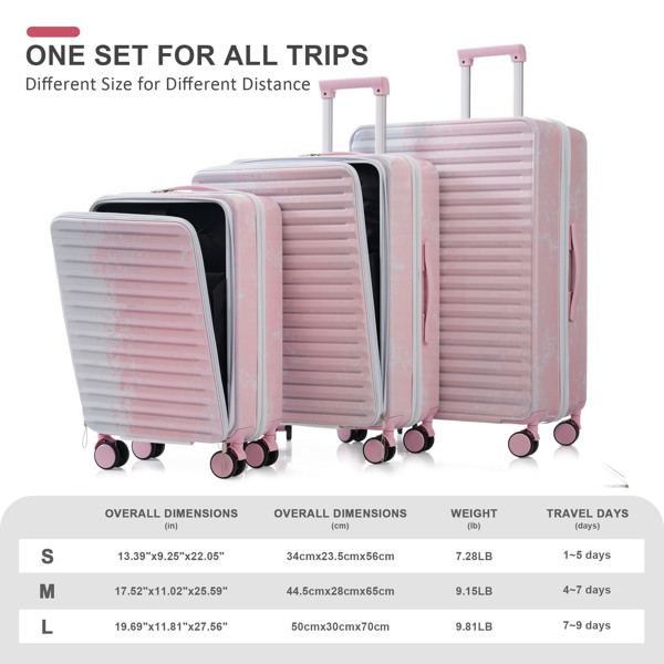 Luggage 3 Piece Sets20/24/28", 20 "24" with front pocket,Hard Shell Luggage Carry on Luggage Set with TSA Lock , usb interface, universal wheel,cup holder,gradient pink