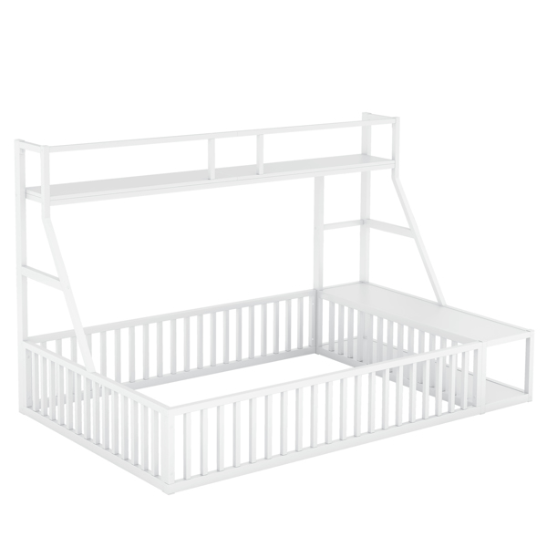 Full Size Floor Bed Frame with Safety Fence, Metal Floor Bed with Desk and Storage Shelves, Playhouse for Kids, White