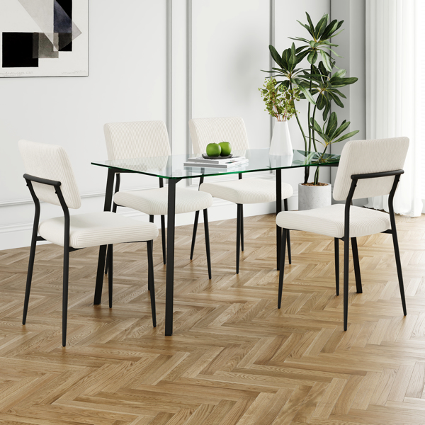 Modern simple table with a glass square table and four chairs. Transparent tempered glass countertop, black metal legs, suitable for kitchen living room dining room (set of 5)