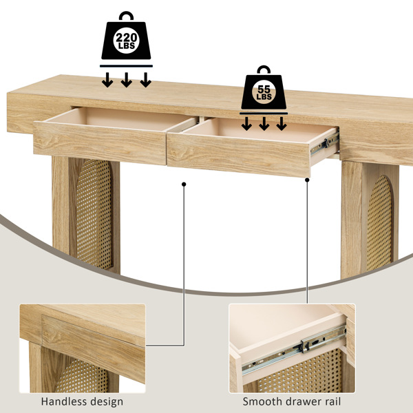 Narrow Console Table with Rattan Accent, Natural Wood Finish Entryway Table with Storage Drawers, Stylish Rustic Sofa Table for Living Room and Hallway (Natural)