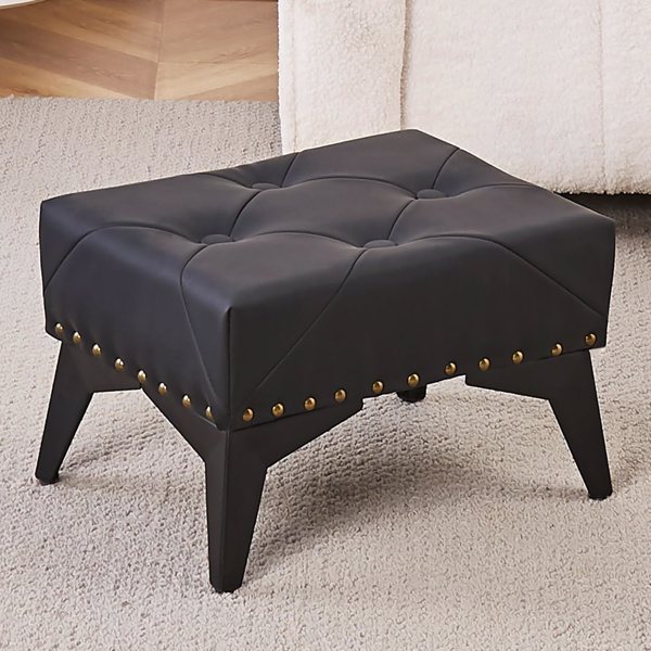 Small Footstool Ottoman, Leather Riveted Soft Footrest Ottoman with Iron Legs, Sofa Footrest Extra Seating for Living Room Entryway Bedroom Black