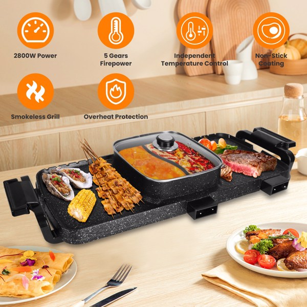 2 in 1 Hot Pot with Grill, Electric Hot Pot 2 in 1 Hot Pot BBQ Grill, Removable Hotpot Pot 2800W /Large Capacity Power Separate Temperature Control, Electric Grill for 2-10 People