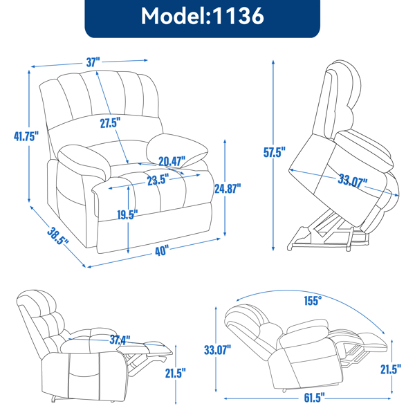 23" Seat Width and High Back Large Size Beige Chenille Power Lift Recliner Chair with 8-Point Vibration Massage and Lumbar Heating