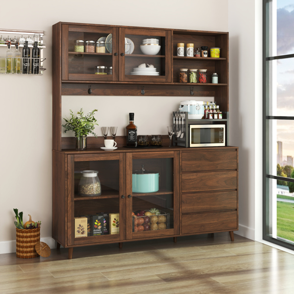 63" W Large Kitchen Hutch Cabinet, Freestanding Pantry Cabinets Storage Kitchen Cupboard with 4 Doors, 4 Drawers & Microwave Shelf, Walnut